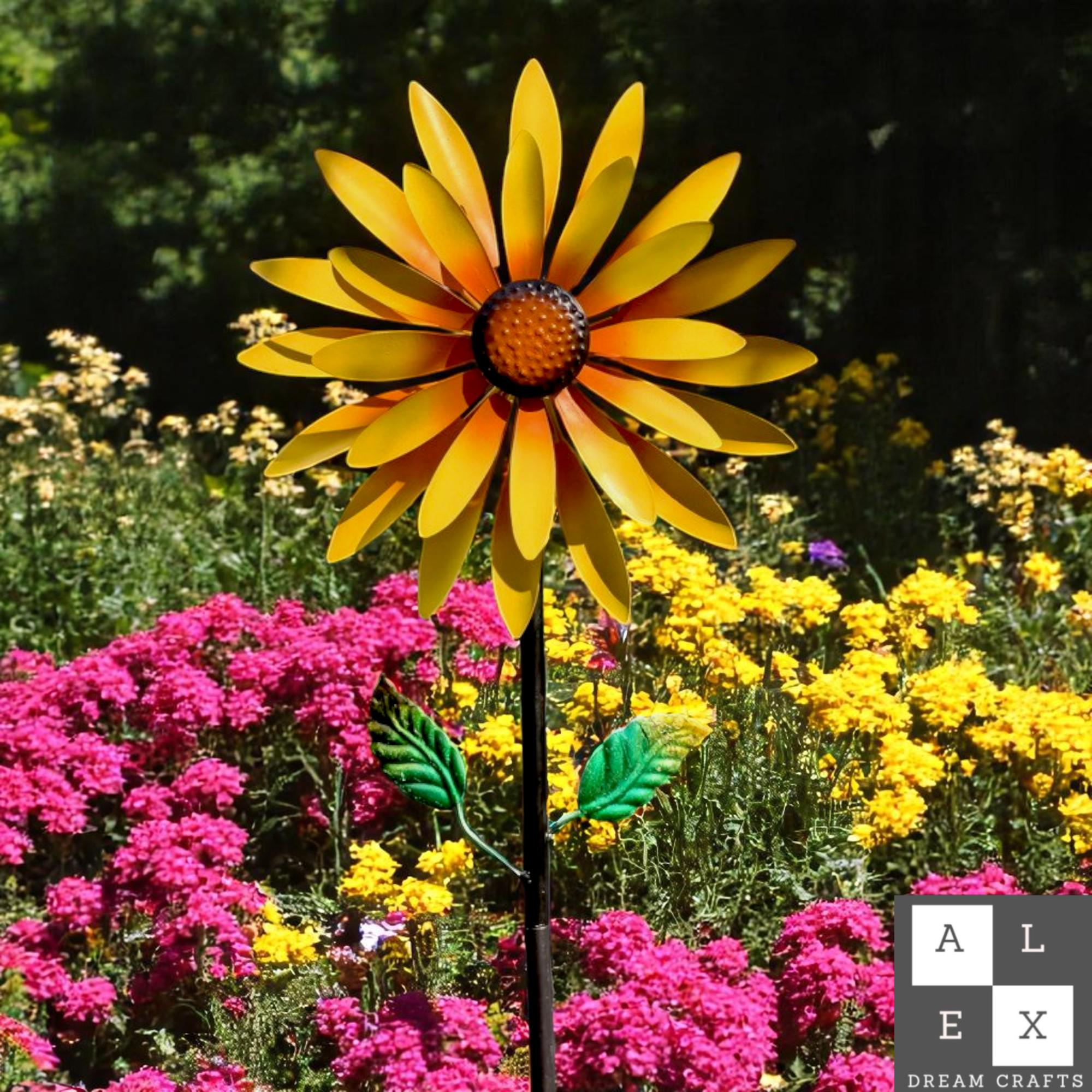 Giant Sunflower Wind Spinner for Garden | Large Yellow Metal Flower Stake | Outdoor Rustic Yard Art | Weatherproof Patio Decor Gift
