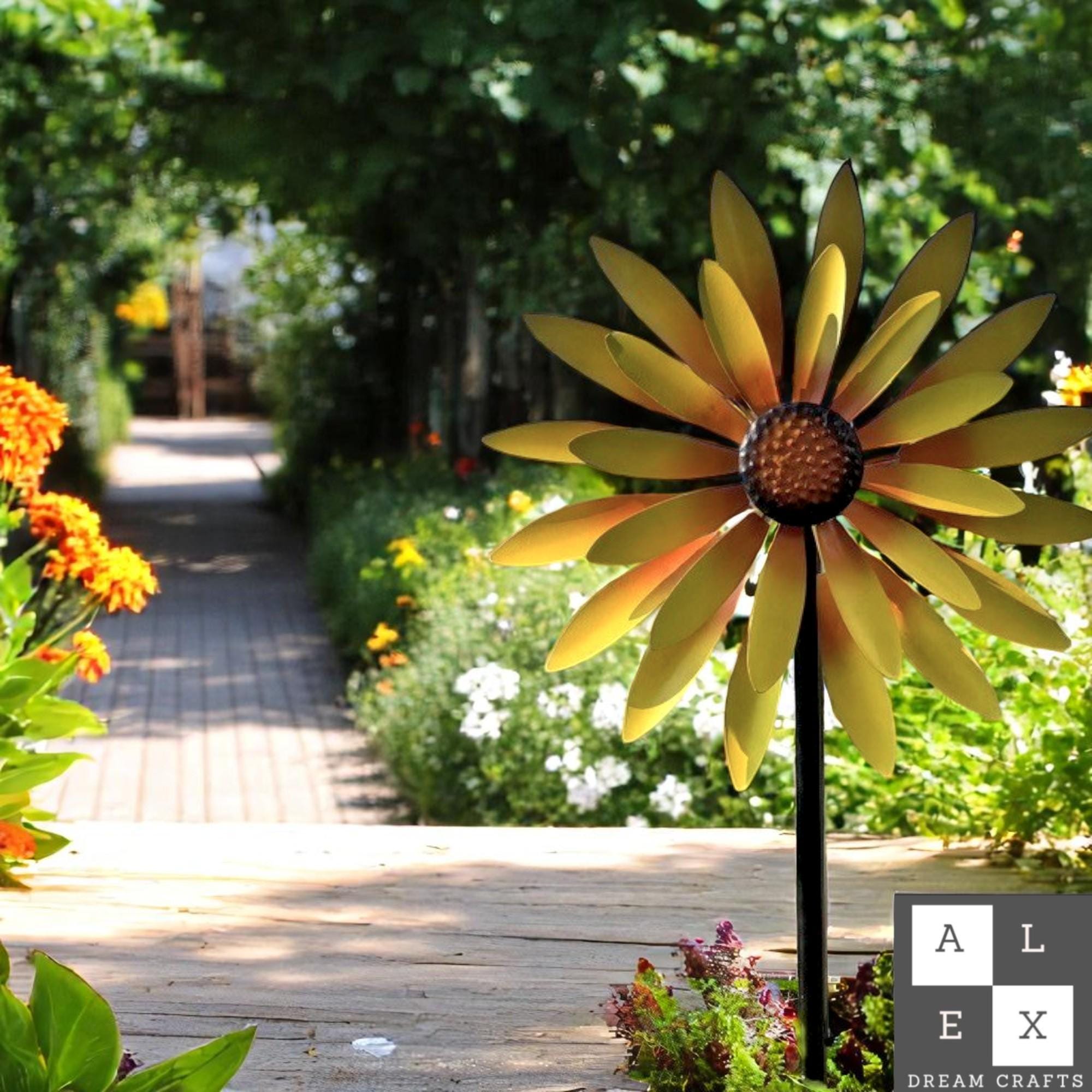 Giant Sunflower Wind Spinner for Garden | Large Yellow Metal Flower Stake | Outdoor Rustic Yard Art | Weatherproof Patio Decor Gift