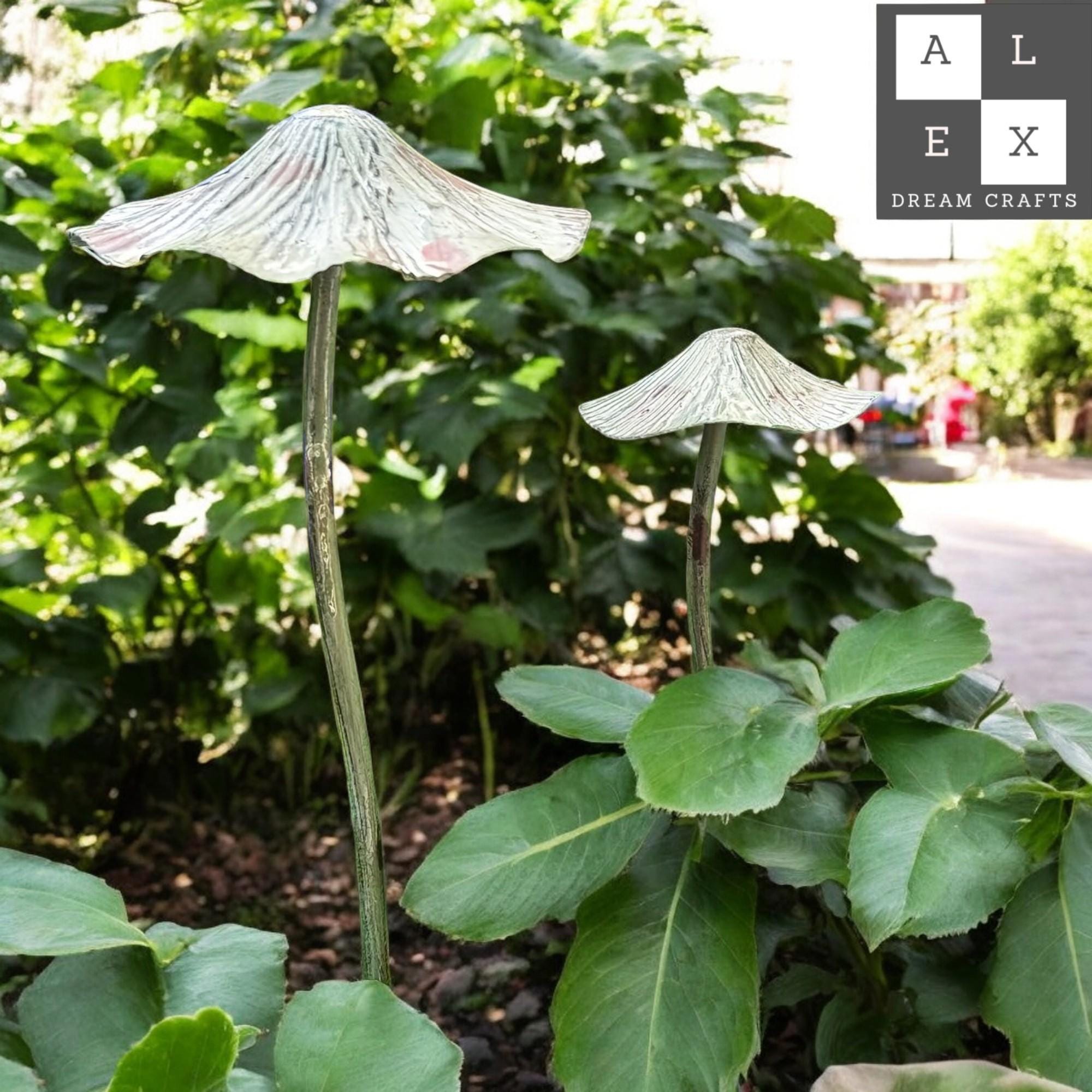 Silver Metal Mushroom Stakes for Garden | Set of 2 Rustic Outdoor Sculptures | Weatherproof Fairy Yard Decor | Unique Iron Art Gift