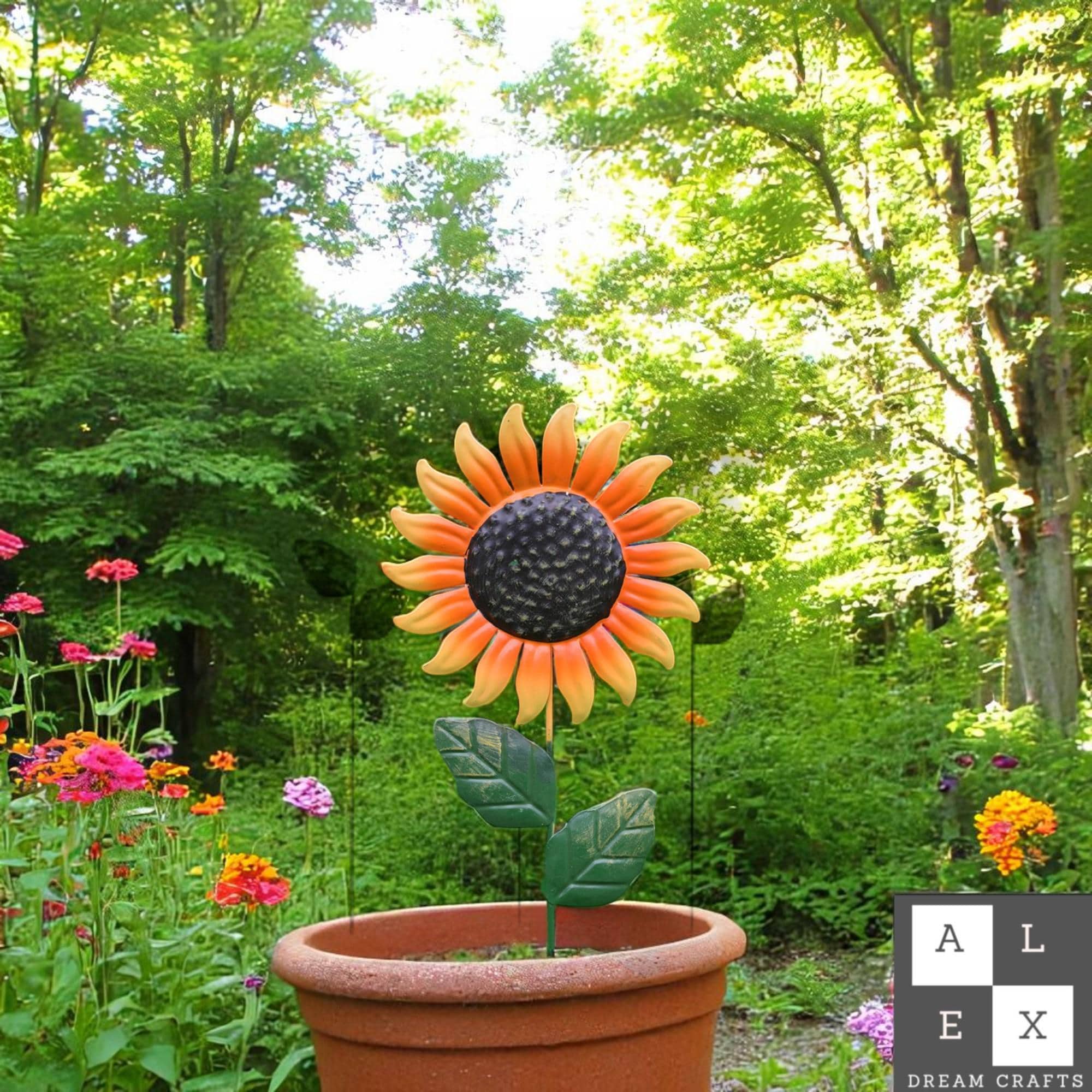 Metal Garden Flower Stakes Set – Sunflower, Pink, Blue, Daisy Yard Decor, Colorful Outdoor Pot solid Art, Weatherproof Garden Gift yard cute