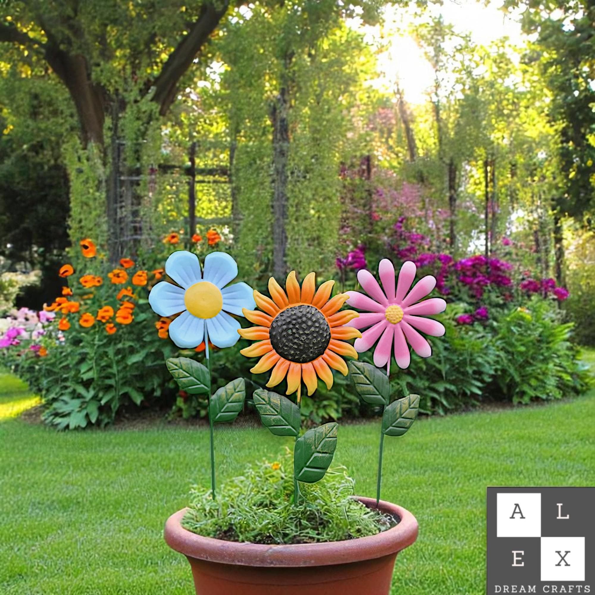 Metal Garden Flower Stakes Set – Sunflower, Pink, Blue, Daisy Yard Decor, Colorful Outdoor Pot solid Art, Weatherproof Garden Gift yard cute