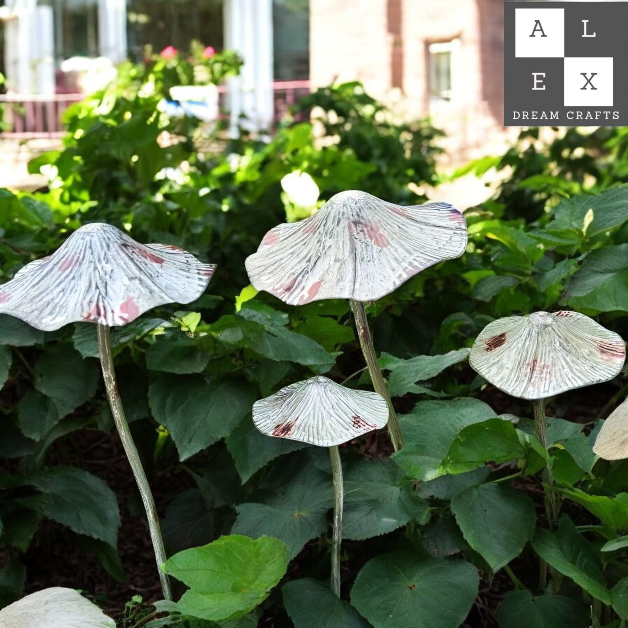 Silver Metal Mushroom Stakes for Garden | Set of 2 Rustic Outdoor Sculptures | Weatherproof Fairy Yard Decor | Unique Iron Art Gift