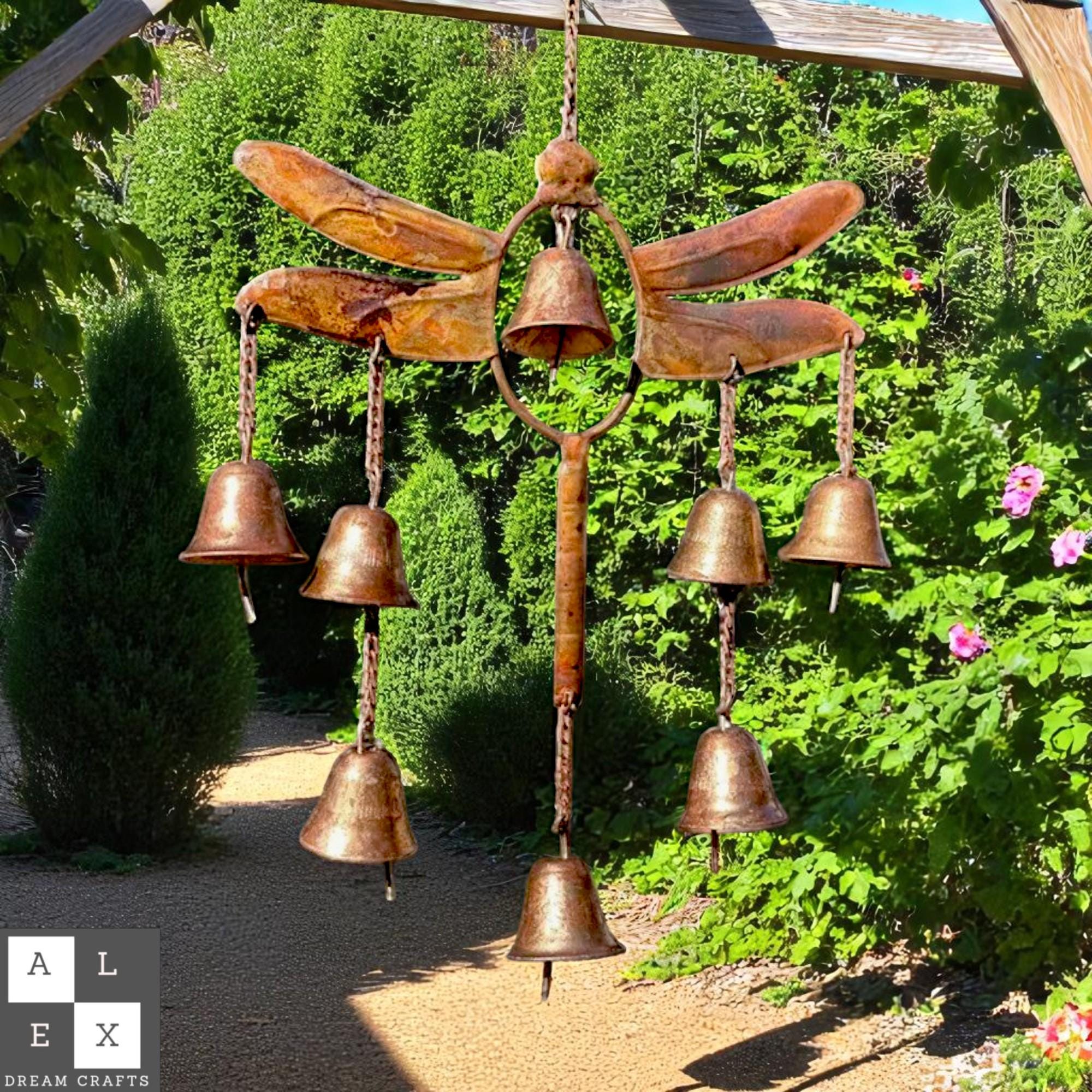 Dragonfly Wind Chime Metal Yard Art – Outdoor Garden Decor, Hanging Rustic Mobile for Patio, Porch or Fence, Gift for Nature Lovers
