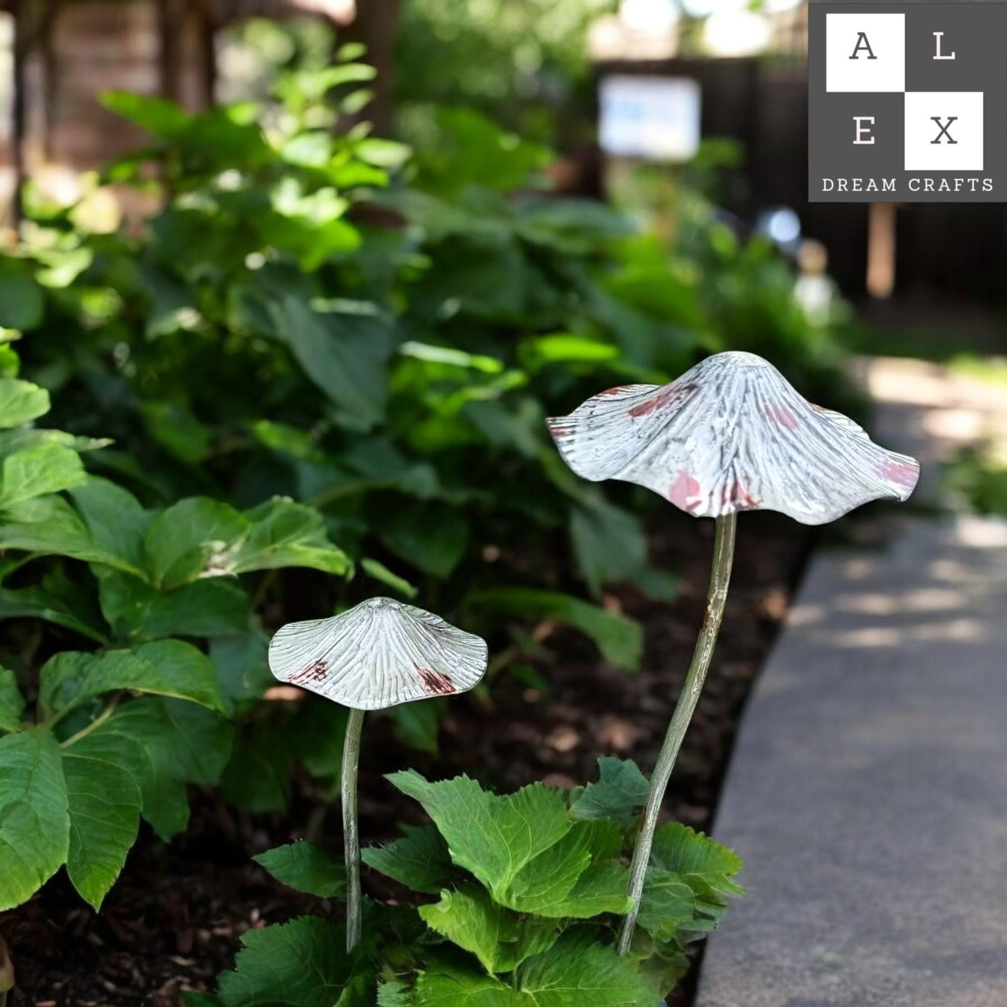 Silver Metal Mushroom Stakes for Garden | Set of 2 Rustic Outdoor Sculptures | Weatherproof Fairy Yard Decor | Unique Iron Art Gift