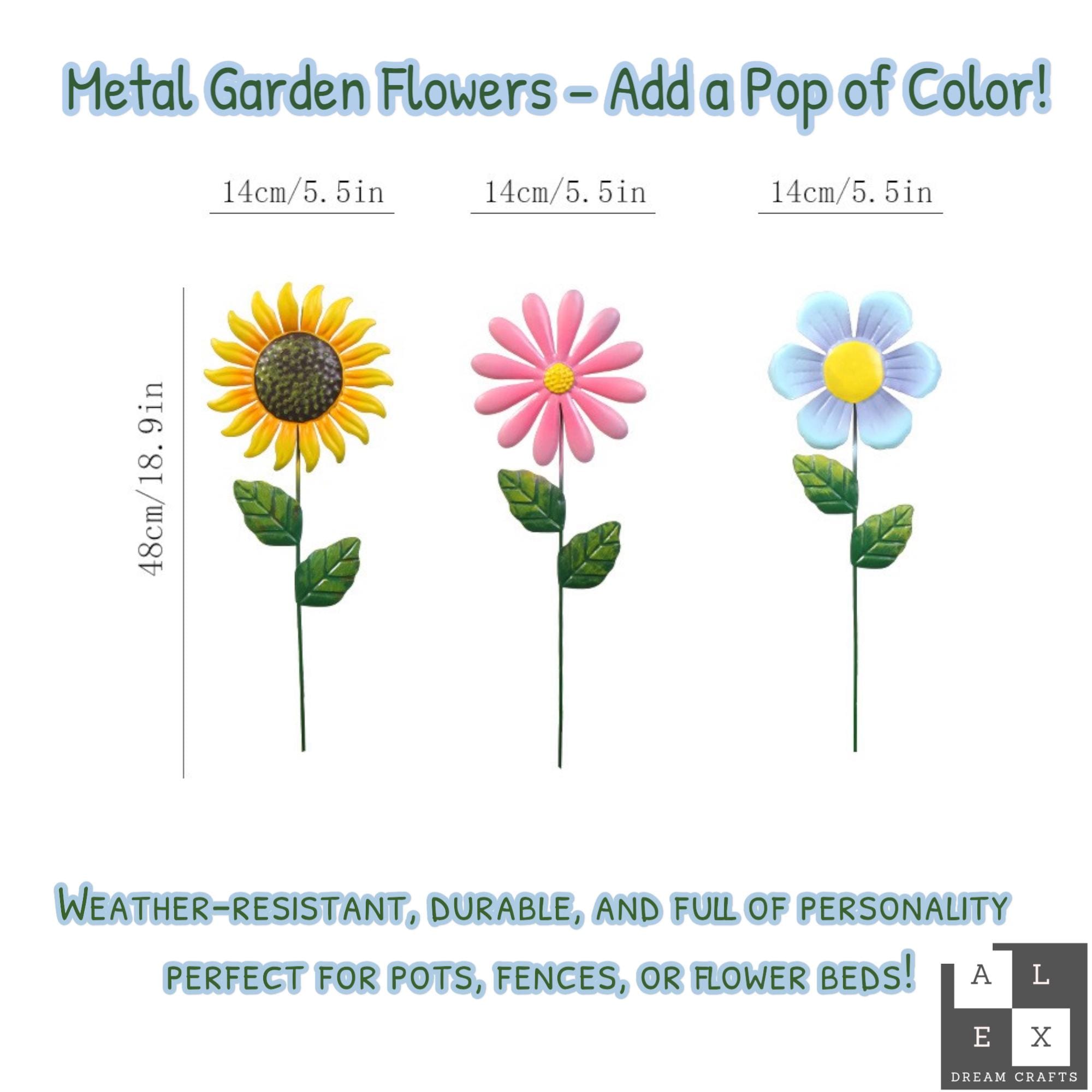 Metal Garden Flower Stakes Set – Sunflower, Pink, Blue, Daisy Yard Decor, Colorful Outdoor Pot solid Art, Weatherproof Garden Gift yard cute