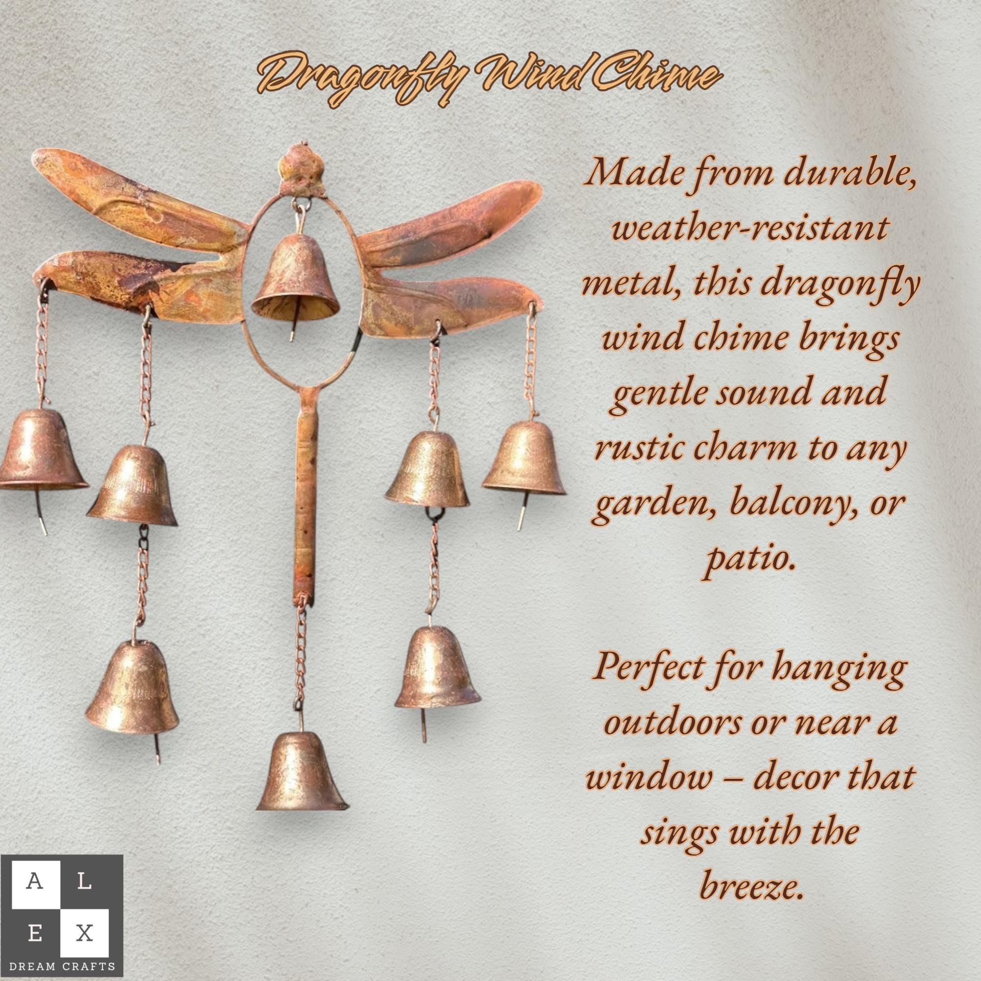 Dragonfly Wind Chime Metal Yard Art – Outdoor Garden Decor, Hanging Rustic Mobile for Patio, Porch or Fence, Gift for Nature Lovers