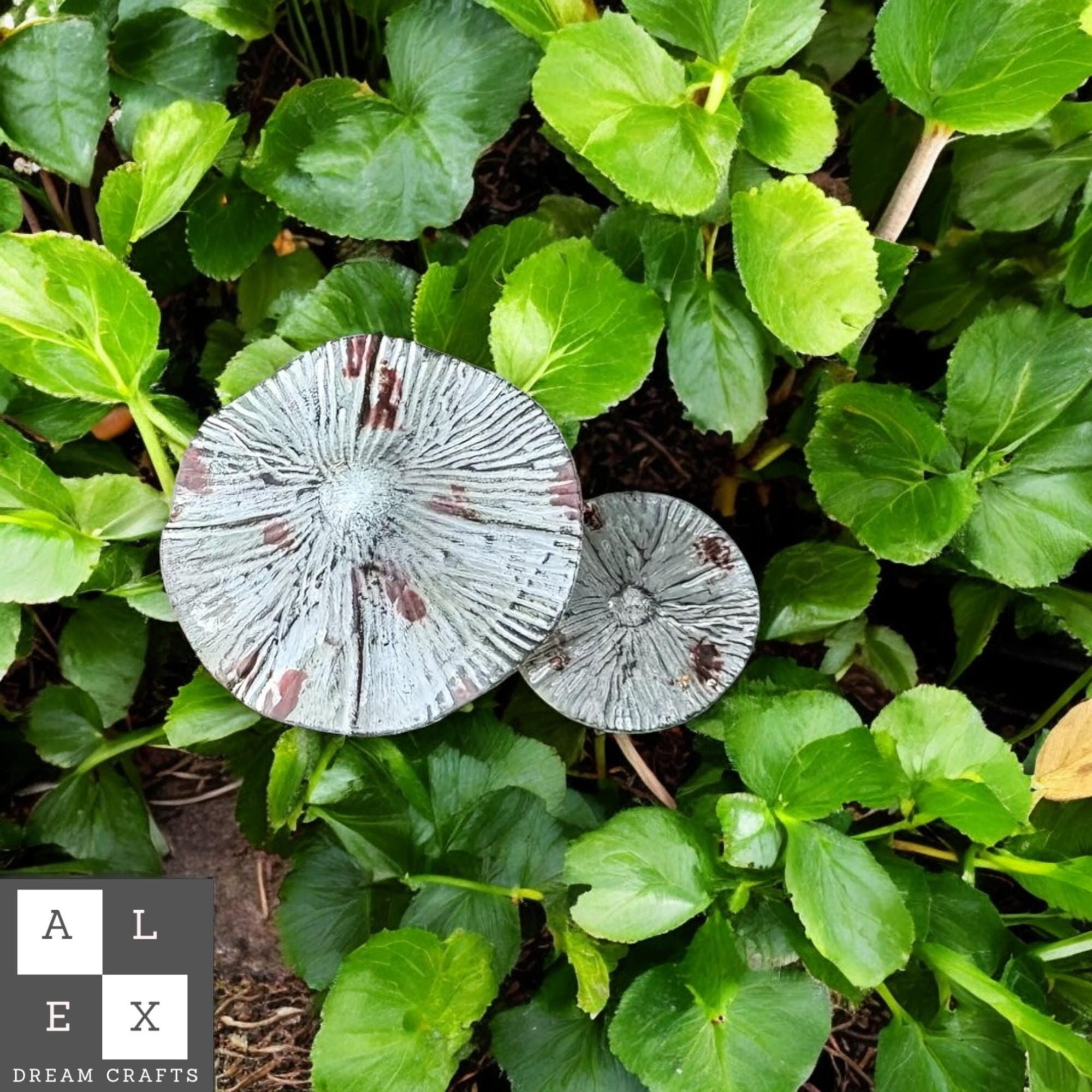 Silver Metal Mushroom Stakes for Garden | Set of 2 Rustic Outdoor Sculptures | Weatherproof Fairy Yard Decor | Unique Iron Art Gift