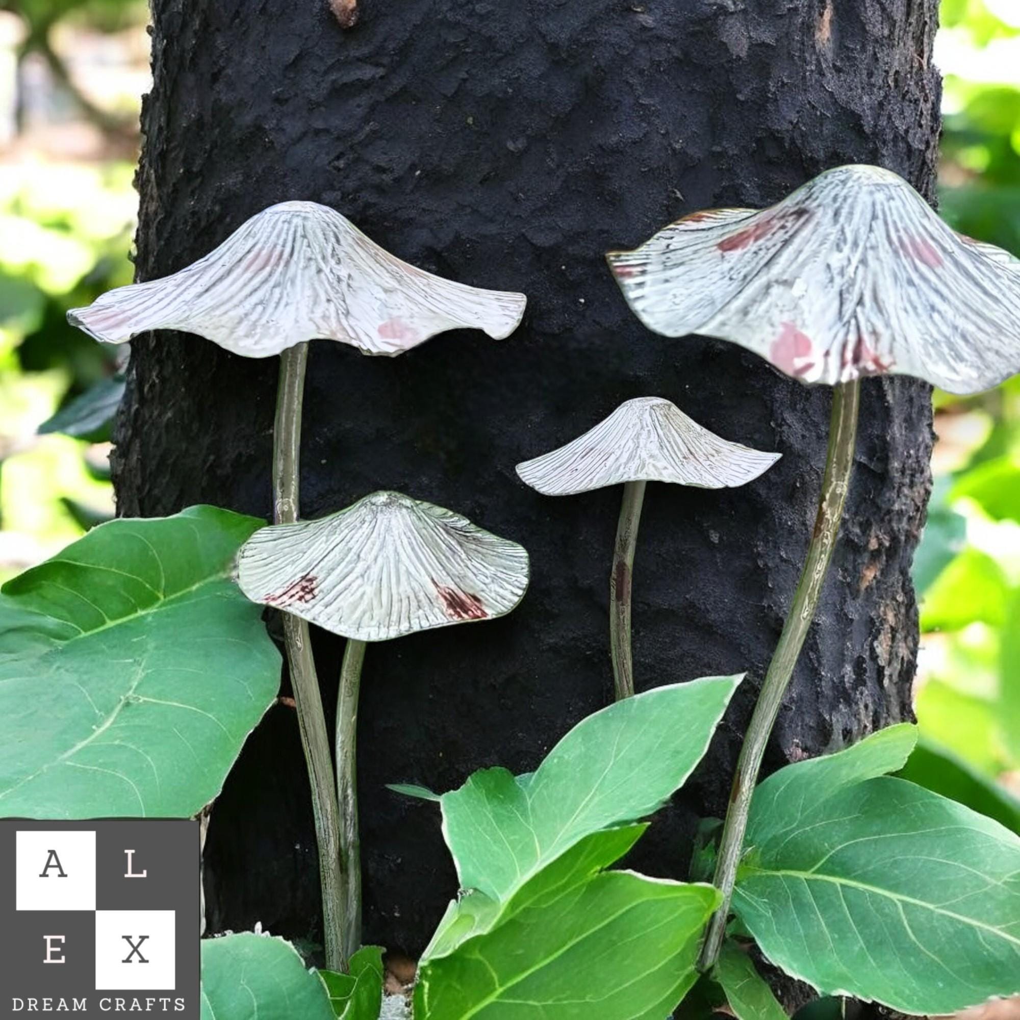 Silver Metal Mushroom Stakes for Garden | Set of 2 Rustic Outdoor Sculptures | Weatherproof Fairy Yard Decor | Unique Iron Art Gift