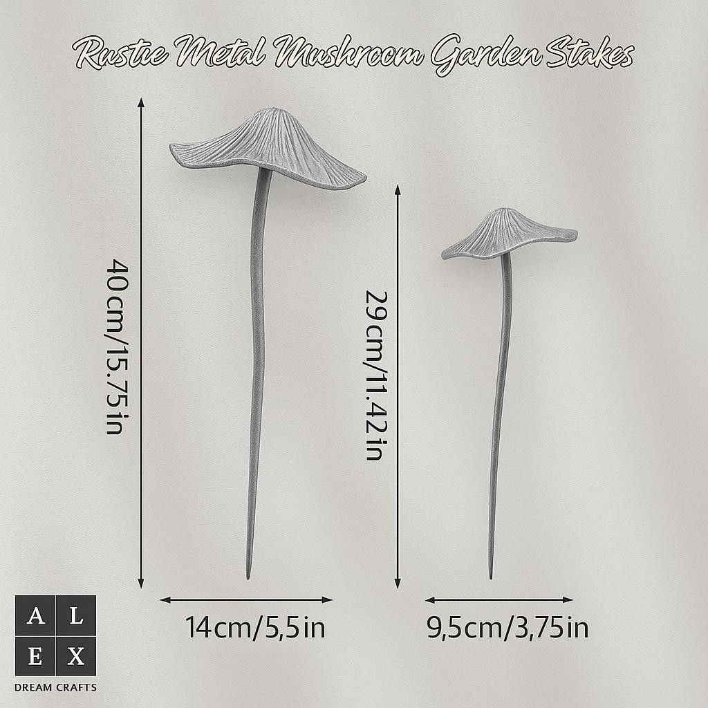 Silver Metal Mushroom Stakes for Garden | Set of 2 Rustic Outdoor Sculptures | Weatherproof Fairy Yard Decor | Unique Iron Art Gift