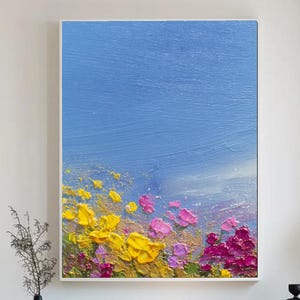 Vribrant flowe painted Oil Painting of a Meadow under Clear Blue Sky Wall Art for Bedroom  Natural Beauty and Brighten Home Decor