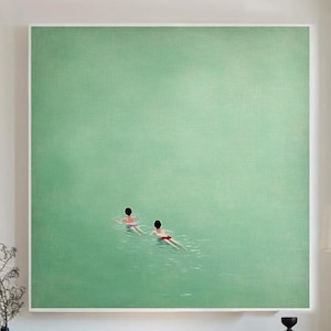 People Floating Swimming in Pool Wall Art two People Swimming into Green Pool Oil Painting Pool Canvas Wall Art  minimalist Pool Wall Decor