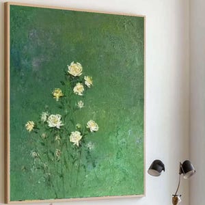 Original Green Texture Oil Painting white Flower on Canvas green Abstract Floral Art Green Garden Painting Large Wall Art Fashion Decor