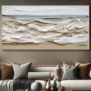 3D Textured Impasto Abstract Oil Painting Thick Texture Neutral Beige & White Ocean Wave Wall Art Modern Minimalist Living Room Decor
