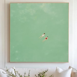 Girls Floating in Pool Wall Art two Women Swimming into Green Pool Oil Painting Swimming Pool Canvas Wall Art  Swimming Pool Wall Decor