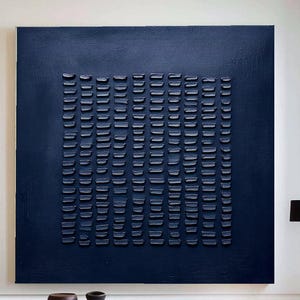 Peinture à l'huile texturée 3D bleue originale sur toile, peinture à l'huile d'art minimalisme neutre pour le salon, art mural wabi-sabi plus grand texturé 3D