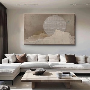 Wabi-sabi Textured Brown Abstract Oil Painting with Circular and Mountain Elements Minimalist Wall Art for Living Room Neutral toned  Decor