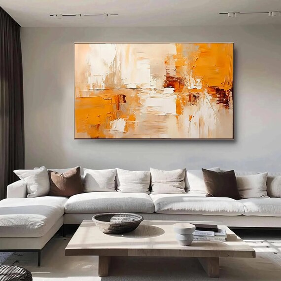 Textured Warm Tones Abstract Oil Painting – Orange & Beige Impasto Wall Art