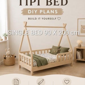 May include: A light-colored wooden frame single bed with a tipi-style roof structure. The text reads MODERN TIPI BED DIY PLANS, BUILD IT YOURSELF, SINGLE BED 90 X 200 cm, DETAILED DRAWINGS, STEP-BY-STEP INSTRUCTIONS, MODERN & TIMELESS DESIGN, MEUBLOU DIY PLANS.