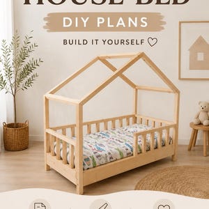 May include: A light-colored wooden house-shaped bed frame with a slatted railing and a mattress featuring a patterned print. The text reads MODERN HOUSE BED DIY PLANS BUILD IT YOURSELF, DETAILED DRAWINGS, STEP-BY-STEP INSTRUCTIONS, MODERN & TIMELESS DESIGN, MEUBLOU DIY PLANS.
