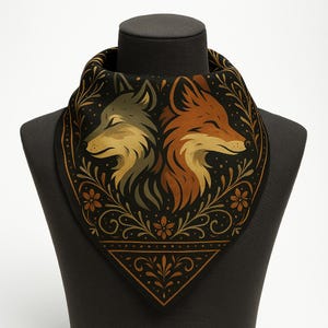 Fuchs und Wolf Bandana – Boho Waldtier Schal, Waldtier Stirnband, Geschenk für Naturliebhaber, Dunkles Ästhetisches Accessoire, Folk Art Print