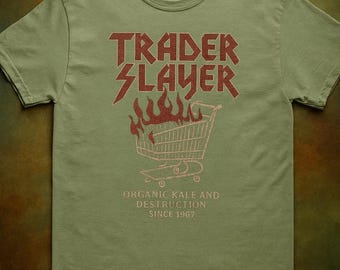 Trader Slayer T-Shirt , Funny Metal Band Parody Shirt , Grocery Slayer Tee , Viral Heavy Metal Graphic Tee , Gift for Him