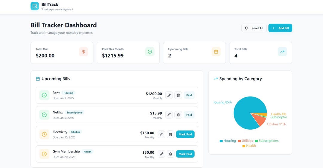 Smart Bill Tracker Online Tool | Monthly Bill Payment Planner ...