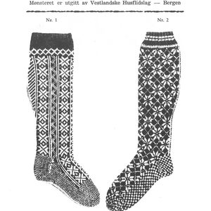 May include: A black and white illustration of two knitted socks with intricate geometric patterns. The image is from a vintage knitting pattern book, with text at the top reading "HUSFLIDEN'S STRIKKEOPPSKRIFTER" and "Herre selbustrømper" at the bottom.