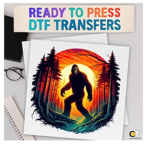 dtf transfers, ready to press, t-shirt transfers, direct to film, bigfoot forest print, sasquatch silhouette, cryptid sunset shirt design
