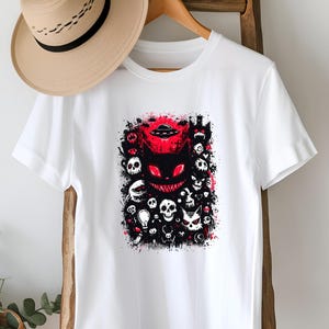 Creepy Gothic Cat Shirt, Red Eyed Horror Cat Tee, Alien Skull Witchcore Shirt, Spooky Dark Art Graphic Tee, Halloween Alt Aesthetic Top