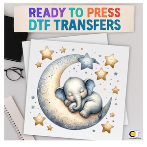 Dreamy Elephant Moon DTF Transfer, Adorable Night Sky Baby Shirt Print, Ready to Press Nursery Star Design, Sleepy Jungle Animal Tee