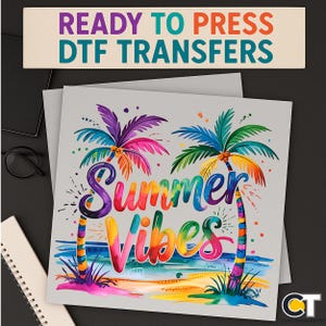 Tropical Summer Vibes Heat Transfer, Bright Palm Tree Beach Design, DIY Ready to Press DTF Sheet for Summer Shirts, Iron on tee design