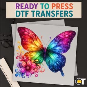 Butterfly dtf, ready to press, t-shirt transfers, direct to film, rainbow butterfly iron-on, colorful wings shirt print, floral dtf design