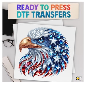 Iron on print, Sparkle Eagle DTF Transfer, Rhinestone USA Flag Shirt Print, Ready to Press Patriotic Bling Design, Fourth of July Glam Art