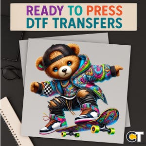 Skater Bear DTF Transfer, Hip Hop Style Teddy with Colorful Jacket and Cap, Cool Streetwear Iron-On, Ready to Press Youth Urban Shirt Design