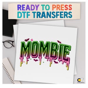 funny mombie dtf transfer for halloween, tired mom spooky shirt print, neon bat drip design, ready to press heat transfer for mom life