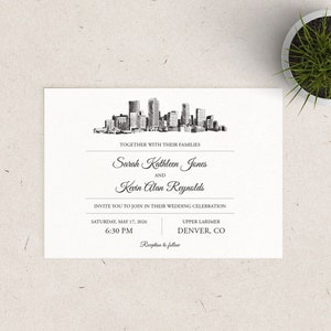 Denver Skyline, Destination Wedding Invitation, Mountain Wedding, Minimalist, Wedding Sample, Listing is for one printed sample