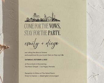 Las Vegas Skyline, Wedding Invitation, "Come For The Vows", Custom Wedding Invitations, Event Invitations, Minimalist, Modern, City Sketch