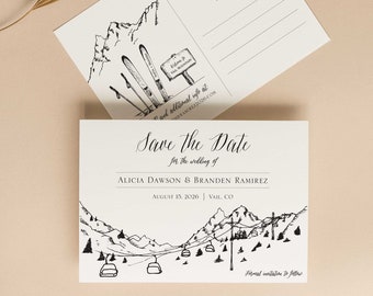 Ski Lift Postcard Save the Date, Gondola Sketch, Mountain Wedding, Ski Lift Sketch, Mountain Wedding Invitations, Minimalist, Custom