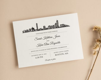 Boston Skyline, Wedding Invitations, Destination, Custom, Modern, Minimalist, Fully Customizable, Minimalist, Cityscape, City Sketch