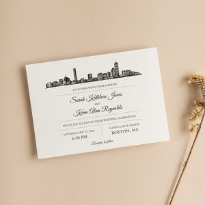 Boston Skyline, Destination Wedding, Custom Invitation, City Skyline, Modern, Minimalist, Simple, Fully Customizable, Printed Wedding Sample