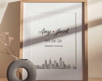 Philadelphia Skyline, Personalized Art Print, Wedding Date, Gift, Newlyweds, Artwork, For Home, Wall Decor, City Travel, Skyline Poster