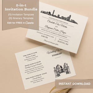 Invitación de boda de Canva con temática de Boston • Tarjeta de itinerario imprimible • Iglesia de la Trinidad y horizonte de la ciudad • Descarga instantánea • Descarga digital