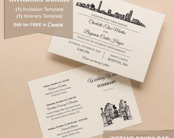 Invito a nozze Canva a tema Boston • Scheda itinerario stampabile • Chiesa della Trinità e skyline della città • Download immediato • Download digitale