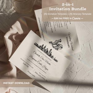 Faire-part de mariage Philadelphie + modèle sur toile d'itinéraire • LOVE Park & Skyline Design • Imprimable en téléchargement numérique • Faire-part DIY 2 en 1