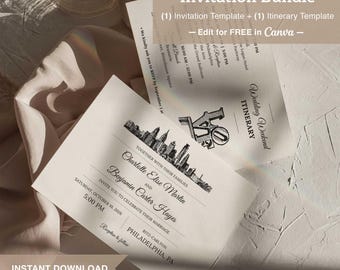 Modello Canva per invito di nozze a Philadelphia + itinerario • Design LOVE Park & Skyline • Download digitale stampabile • Invito fai da te 2 in 1