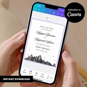 Modèle Save the Date de Seattle - Faire-part de mariage numérique - Invitation mobile modifiable Canva - Illustration de la ligne d'horizon - Téléchargement immédiat