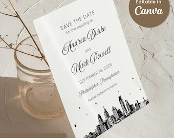 Modello Save the Date di Philadelphia Canva / Invito a nozze con skyline della città modificabile / Download digitale stampabile / Save the Date minimalista fai da te