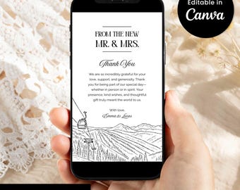 Biglietto di ringraziamento per matrimonio Keystone – Modello digitale Canva per dispositivi mobili – Biglietto modificabile per il signor e la signora – Skyline di una stazione sciistica – Download immediato