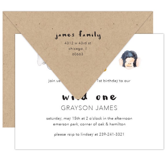 Wild One First Birthday invitations 15 w envelopes and rtn address printing watercolor safari