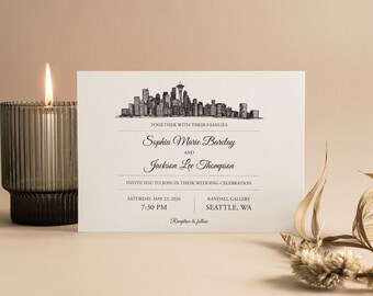 Seattle Skyline, Destination Wedding Invitation, Custom Wedding Invitations, Event Invitations, Minimalist, Cityscape, City Sketch